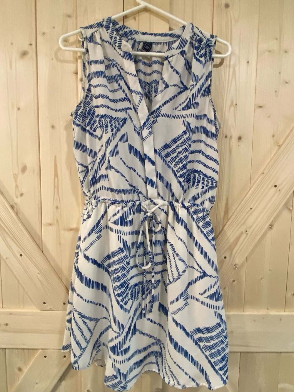 Gap Blue and White Abstract Print Sleeveless Drawstring Mini Dress
